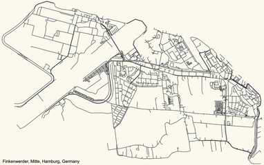 Black simple detailed street roads map on vintage beige background of the neighbourhood Finkenwerder quarter of the Hamburg-Mitte borough (bezirk) of the Free and Hanseatic City of Hamburg, Germany