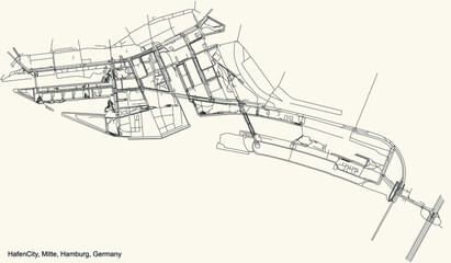Black simple detailed street roads map on vintage beige background of the neighbourhood HafenCity quarter of the Hamburg-Mitte borough (bezirk) of the Free and Hanseatic City of Hamburg, Germany