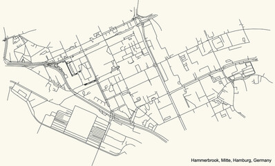 Black simple detailed street roads map on vintage beige background of the neighbourhood Hammerbrook quarter of the Hamburg-Mitte borough (bezirk) of the Free and Hanseatic City of Hamburg, Germany
