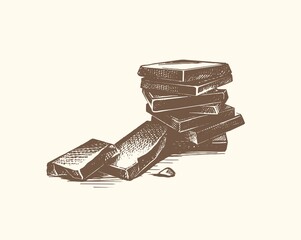 Hand-drawn illustration. Pieces of dark chocolate. A pyramid of broken chocolate bars. The sketch is one-color. Vector.