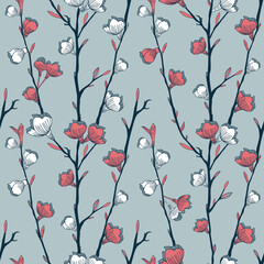 Vector gray pink cherry flowers seamless pattern