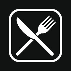 Fork and knife crossed icon logo. Flat shape restaurant or cafe place sign. Utensil across. Kitchen and diner menu button symbol. Vector silhouette illustration image.