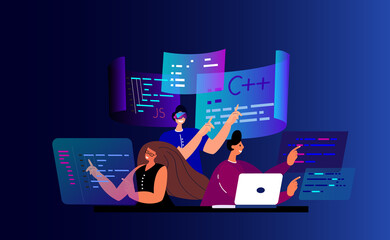 Team of IT Programmers working on web development on computers. Concept of script coding and programming in php, python,javascript,other languages.Software developers.Flat vector cartoon illustration. - obrazy, fototapety, plakaty