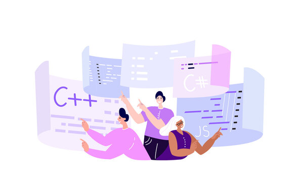 Team of IT Programmers working on web development on computers. Concept of script coding and programming in php, python,javascript,other languages.Software developers.Flat vector cartoon illustration.