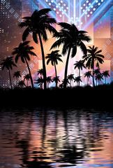 Night landscape with palm trees, against the backdrop of a neon sunset, stars. Silhouette coconut palm trees on beach at sunset. Space futuristic neon landscape. Beach party. 3D illustration.