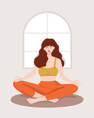 Fototapeta na wymiar Vector woman with closed eyes sitting in a lotus pose at home. Concepts of meditation, yoga, relax, spiritual practice, recreation, healthy lifestyle. Flat cartoon illustration.