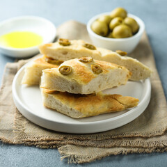 Traditional homemade focaccia bread with olives