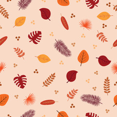 Seamless pattern made of tropical plants and leaves in brown and orange colors