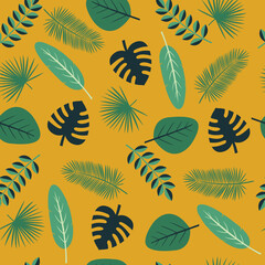 Fototapeta na wymiar Seamless pattern made of tropical plants and leaves in green and yellow colors