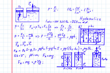 Fluid law theory and  mathematical formula.  Physics   equation, doodle handwriting icon in notebook page with hand drawn model, create by vector. Vintage notation.