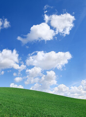 Idyllic view, green hills and blue sky with white clouds