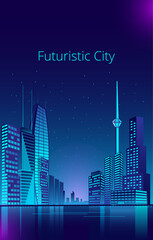 Fantastic city in the style of cyberpunk. Vector illustration in retro style in neon colors. Night city of the future. Banner templat.
