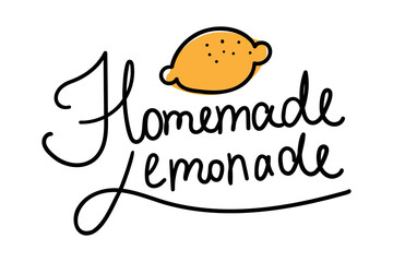 Homemade lemonade sign. Fresh lemon summer script lettering. Refreshing vintage logo for beverage stand. Cold drink flat hand drawn print banner.	
