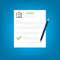 Home insurance document. Legal agreement. Contract or mortgage form with financial checklist. Approved loan. Success real estate deal. 