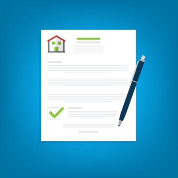 Home Insurance Document. Legal Agreement. Contract Or Mortgage Form With Financial Checklist. Approved Loan. Success Real Estate Deal. 