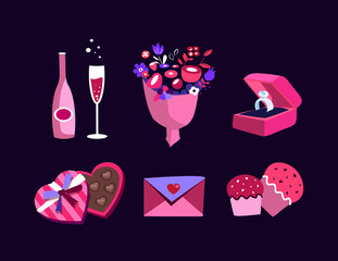 Valentine's Day Set of Festive Romantic Elements for Romantic Dinner,Dating.Wedding Ring,Valentine Envelope,Heart Shape Balloon,Champagne,Sweet Chocolate Candy. Invitation,Brochure Vector Illustration