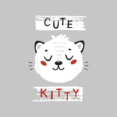 Little Cat Face. Cute Kitten Head for Tee Print Design for Kids. Vector Cartoon Baby Animal. Scandinavian Card, Print or Poster
