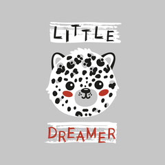 Little Dreamer. Cute Leopard Cat Face. Funny Cheetah Head for Tee Print Design for Kids. Vector Cartoon Baby Animal. Scandinavian Card, Print or Poster Design
