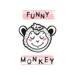 Funny Monkey Face. Doodle Cute Marmoset Head for Tee Print Design for Kids. Vector Cartoon Little Baby Animal. Scandinavian Card, Print or Poster Design
