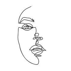 Continuous line drawing. Abstract woman portrait. One line face art vector illustration. Female linear contour isolated on white.