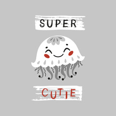 Little Sea Jellyfish. Cute Jellyfish for Tee Print Design for Kids. Vector Cartoon Baby Animal. Scandinavian Card, Print or Poster Design
