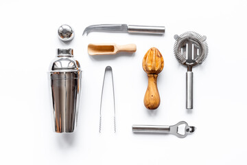 Set of bartender tools and accessories with a cocktail shaker