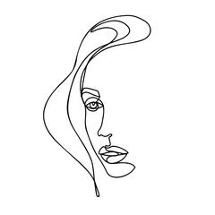 Continuous line drawing. Abstract woman portrait. One line face art vector illustration. Female linear contour isolated on white. - 412843941