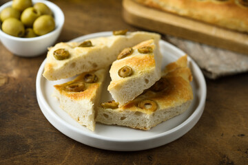Traditional homemade focaccia bread with olives