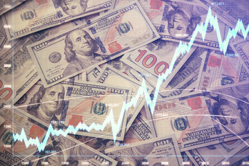 Fototapeta na wymiar Multi exposure of forex chart drawing over us dollars bill background. Concept of financial success markets.