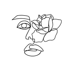 Continuous line drawing. Abstract woman portrait with flower. One line face art vector illustration. Female linear contour isolated on white.