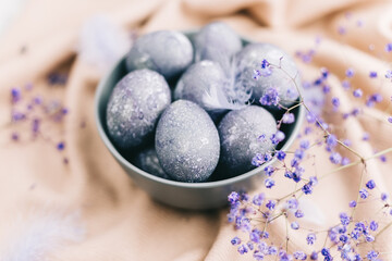 Happy Easter card with blue eggs,flowers,feathers
