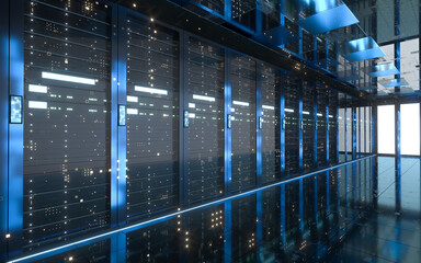 Server racks in computer network security server room data center, 3d rendering.