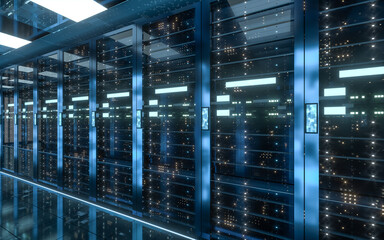 Server racks in computer network security server room data center, 3d rendering.