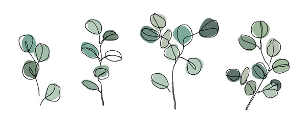 Set of Eucalyptus branches in modern single line art style. Continuous line drawing, aesthetic contour for home decor, posters, wall art, packaging. Floral logo or icon vector illustration © Toltemara