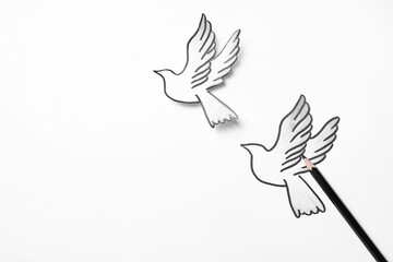 Pencil near drawing of beautiful doves and on white background, top view
