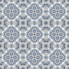 Creative style color abstract geometric mandala seamless pattern in gray blue, can be used for printing onto fabric, interior, design, textile, tiles, carpet, rug.