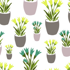 Fototapeta na wymiar Pots with home-grown green plants. Vector seamless pattern. Design for wrapping, paper, cloth.