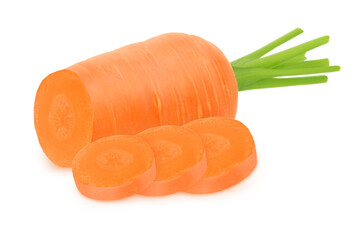 Sliced fresh carrot with leaves isolated on a white background.