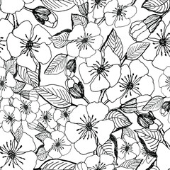 Monochrome floral vector seamless pattern. Flower, leaves and branches on a white background.