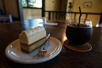 Sapporo, Japan - 17 Oct 2020: Cake and coffee in old folk house cafe with nice atmosphere