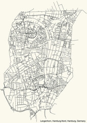 Obraz premium Black simple detailed street roads map on vintage beige background of the neighbourhood Langenhorn quarter of the Hamburg-Nord borough (bezirk) of the Free and Hanseatic City of Hamburg, Germany