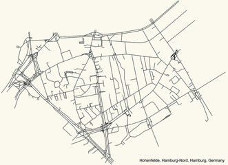 Black simple detailed street roads map on vintage beige background of the neighbourhood Hohenfelde quarter of the Hamburg-Nord borough (bezirk) of the Free and Hanseatic City of Hamburg, Germany