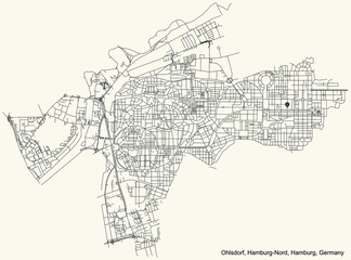 Fototapeta premium Black simple detailed street roads map on vintage beige background of the neighbourhood Ohlsdorf quarter of the Hamburg-Nord borough (bezirk) of the Free and Hanseatic City of Hamburg, Germany