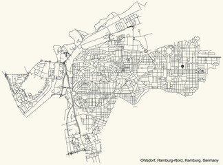 Black simple detailed street roads map on vintage beige background of the neighbourhood Ohlsdorf quarter of the Hamburg-Nord borough (bezirk) of the Free and Hanseatic City of Hamburg, Germany