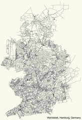 Fototapeta premium Black simple detailed street roads map on vintage beige background of the neighbourhood Wandsbek borough (bezirk) of the Free and Hanseatic City of Hamburg, Germany