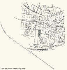 Black simple detailed street roads map on vintage beige background of the neighbourhood Ottensen quarter of the Altona borough (bezirk) of the Free and Hanseatic City of Hamburg, Germany
