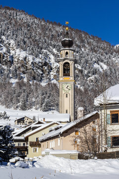 The reformed church in the village center of Samedan, Engadin, Switzerland
