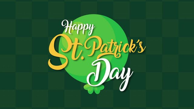 happy saint patricks day lettering with clover in checkerd background