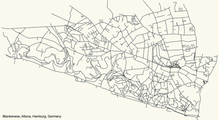 Black simple detailed street roads map on vintage beige background of the neighbourhood Blankenese quarter of the Altona borough (bezirk) of the Free and Hanseatic City of Hamburg, Germany