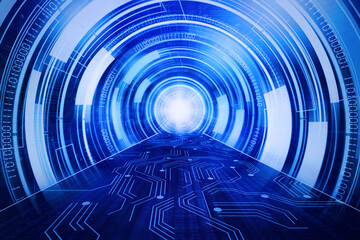Futuristic circuit board tunnel toward cyberspace